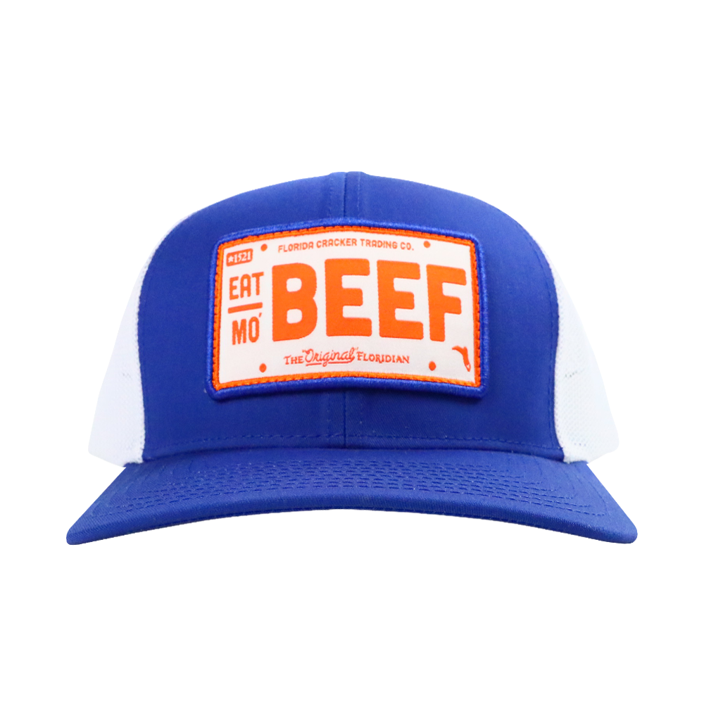 EAT MO' BEEF PATCH- ROYAL/WHITE TRUCKER HAT