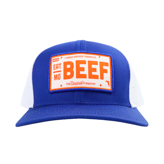 EAT MO' BEEF PATCH- ROYAL/WHITE TRUCKER HAT