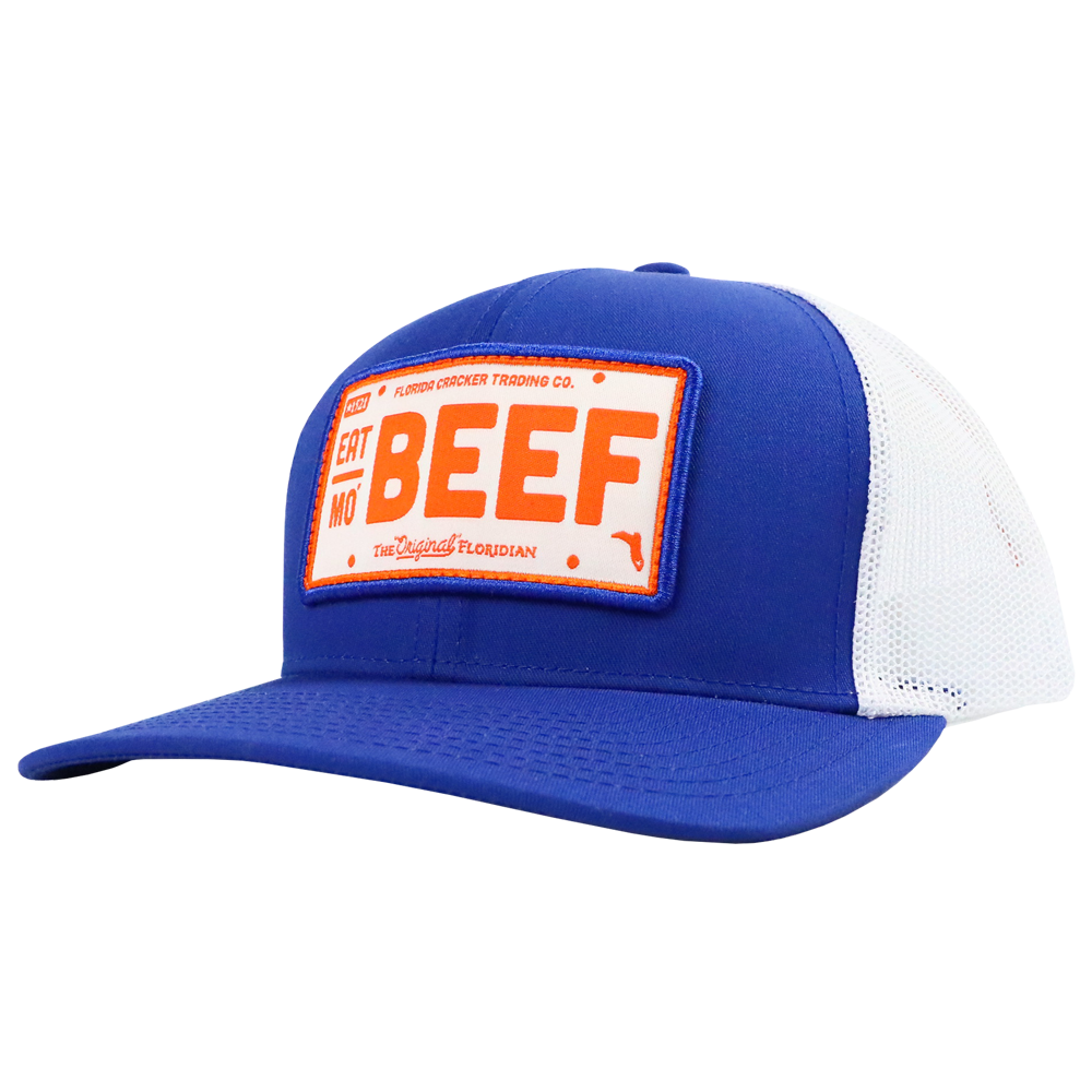 EAT MO' BEEF PATCH- ROYAL/WHITE TRUCKER HAT