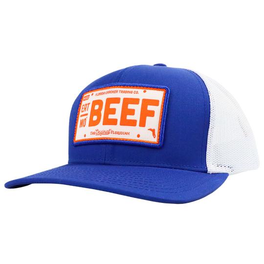 EAT MO' BEEF PATCH- ROYAL/WHITE TRUCKER HAT