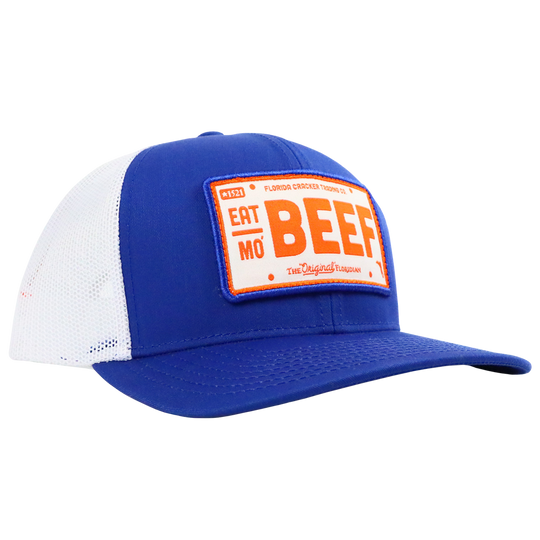 EAT MO' BEEF PATCH- ROYAL/WHITE TRUCKER HAT