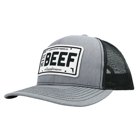 EAT MO' BEEF PATCH- HTHR GRAY/BLACK TRUCKER HAT