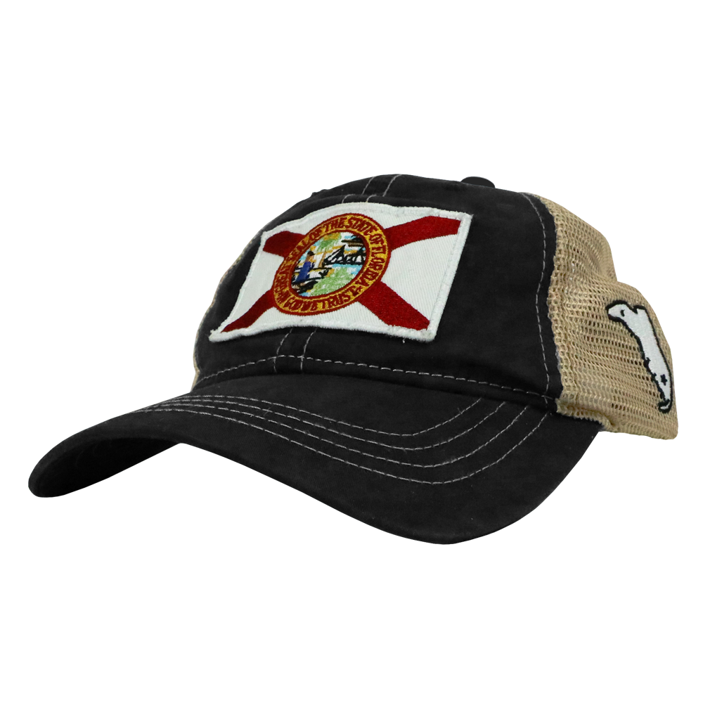 STATE FLAG PATCH BLACK /TAN MESH TRUCKER HAT