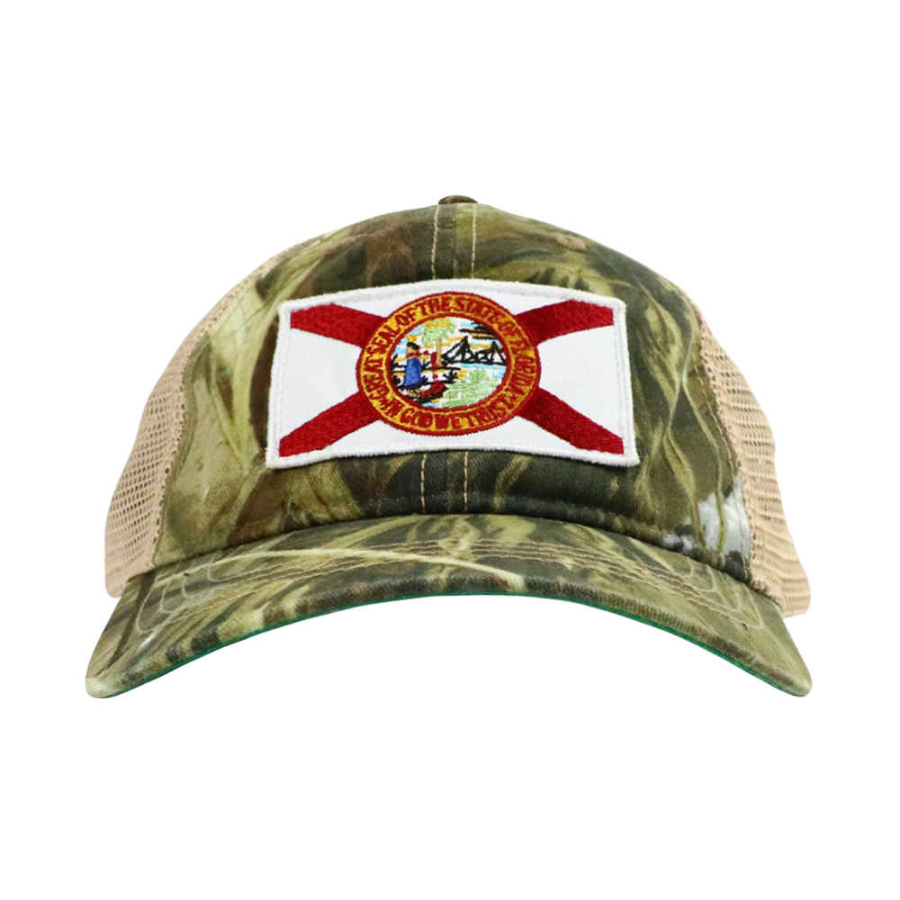 STATE FLAG PATCH CAMO/TAN MESH TRUCKER HAT