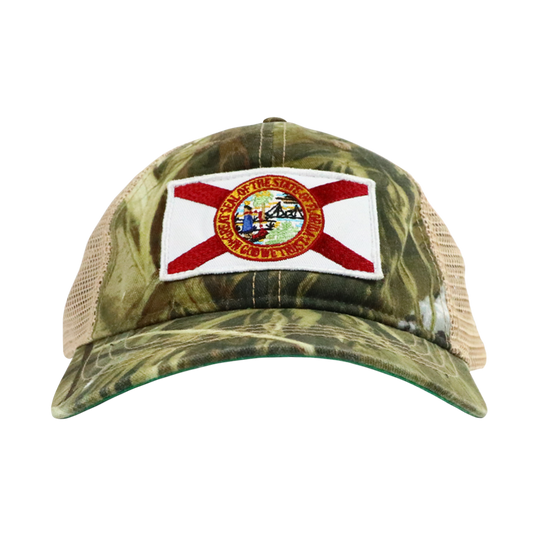 STATE FLAG PATCH CAMO/TAN MESH TRUCKER HAT