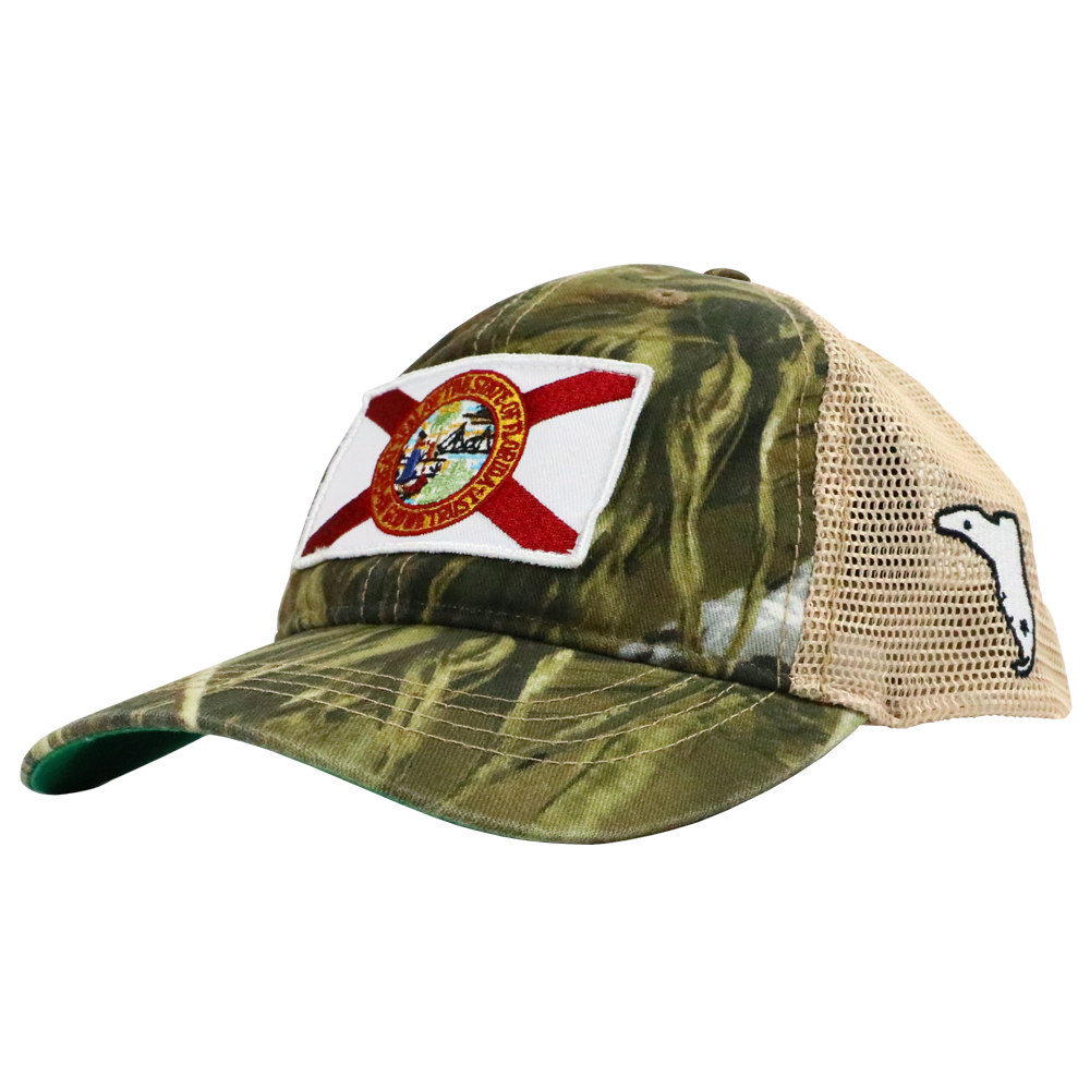 STATE FLAG PATCH CAMO/TAN MESH TRUCKER HAT