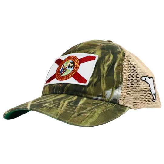 STATE FLAG PATCH CAMO/TAN MESH TRUCKER HAT