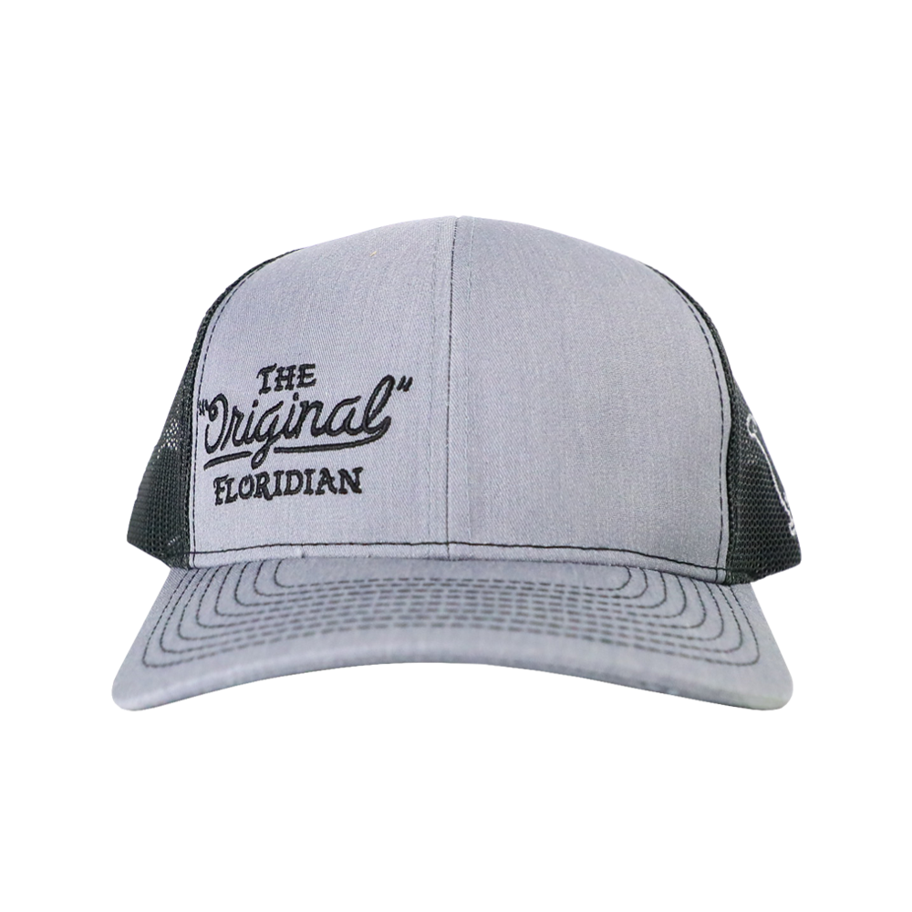 THE ORIGINAL FLORIDIAN HEATHER GREY ON BLACK TRUCKER HAT