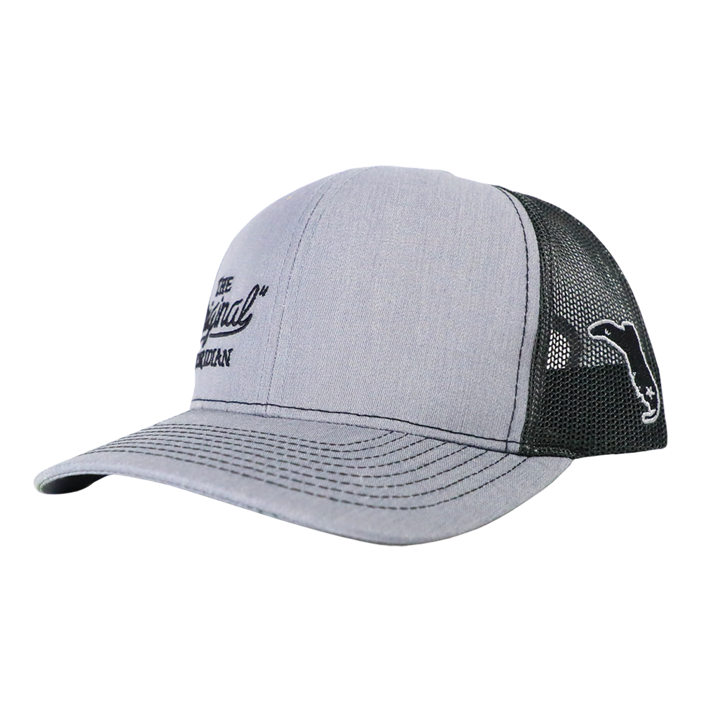 THE ORIGINAL FLORIDIAN HEATHER GREY ON BLACK TRUCKER HAT