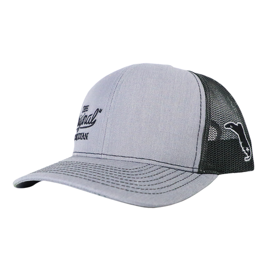 THE ORIGINAL FLORIDIAN HEATHER GREY ON BLACK TRUCKER HAT