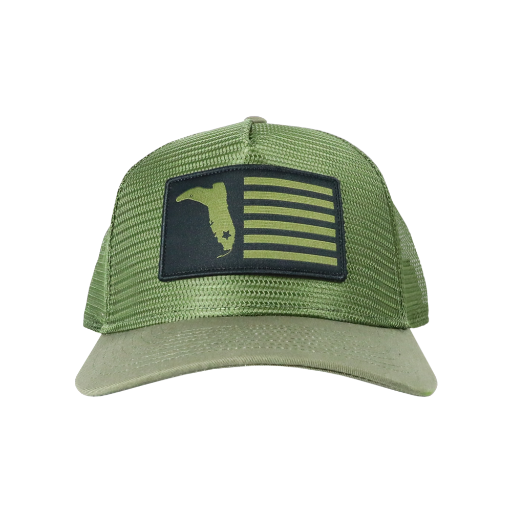 MILITARY GREEN BLACK FLAG MESH TRUCKER