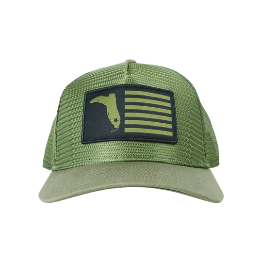 MILITARY GREEN BLACK FLAG MESH TRUCKER