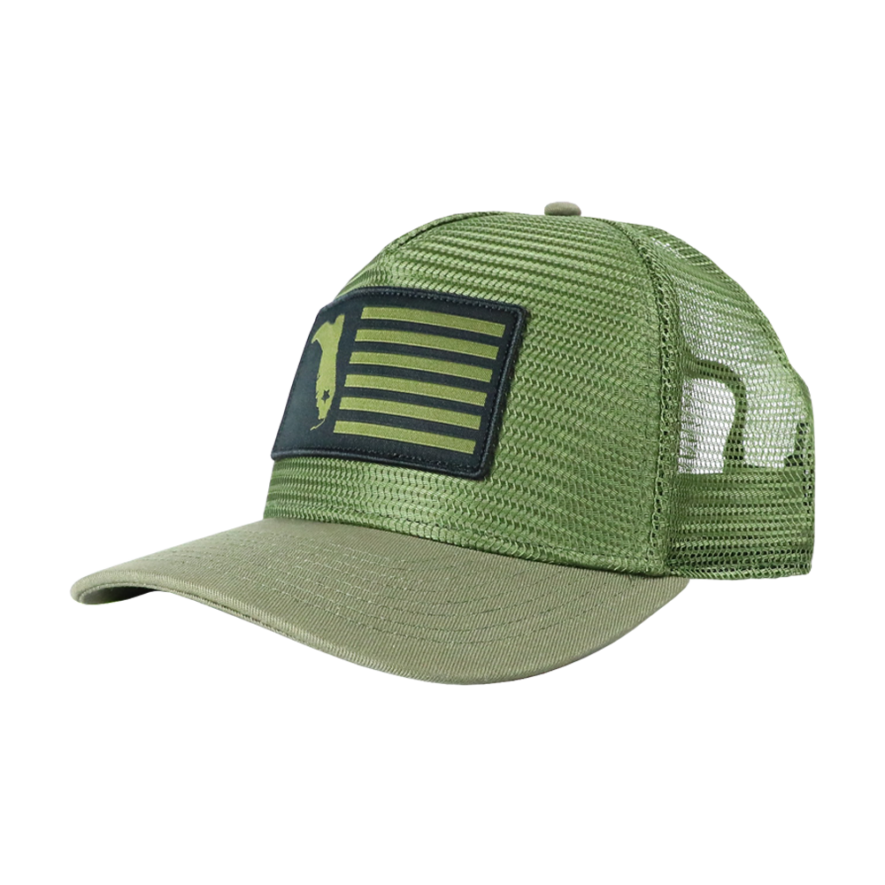 MILITARY GREEN BLACK FLAG MESH TRUCKER