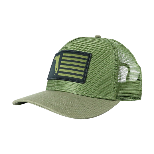 MILITARY GREEN BLACK FLAG MESH TRUCKER