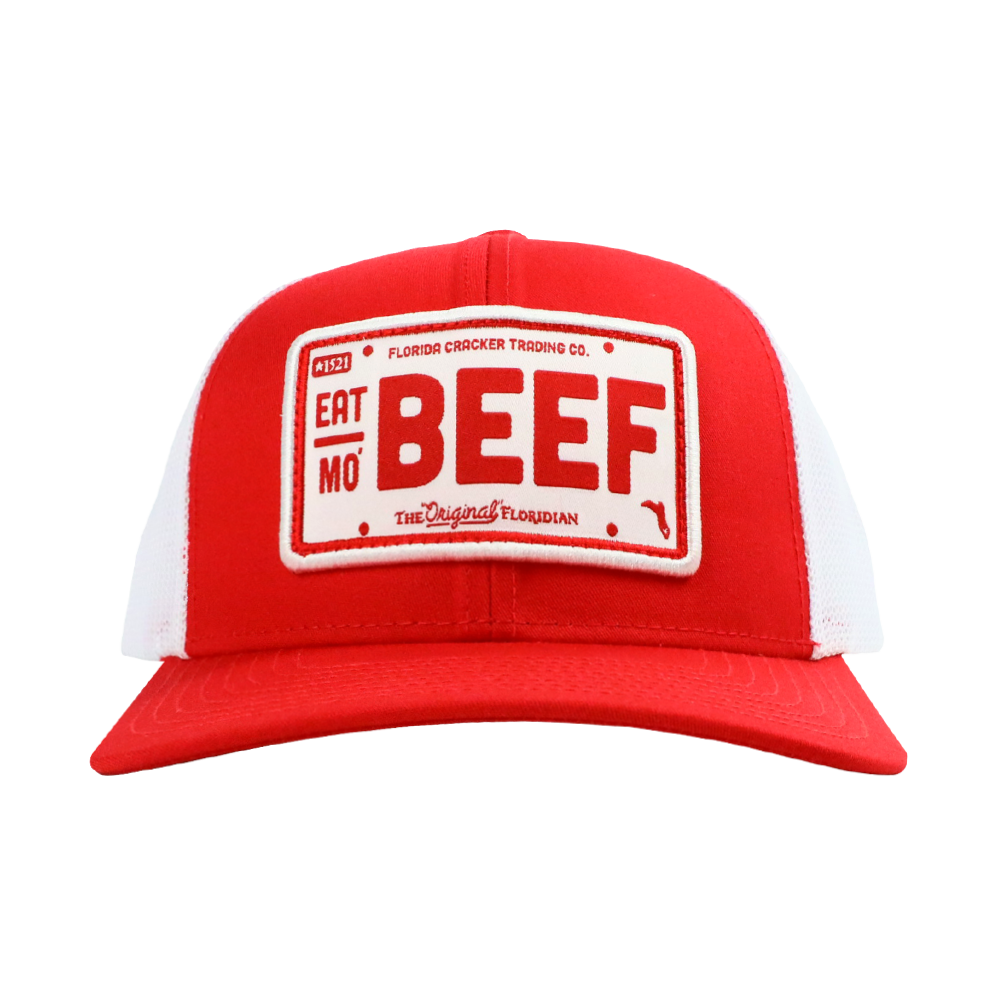 EAT MO' BEEF PATCH- RED/WHITE TRUCKER HAT