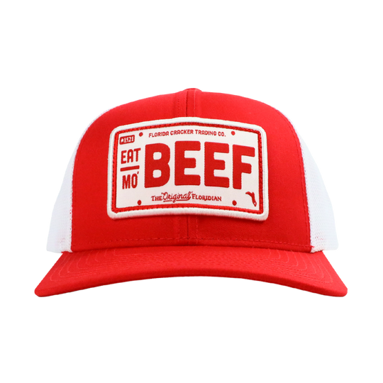 EAT MO' BEEF PATCH- RED/WHITE TRUCKER HAT