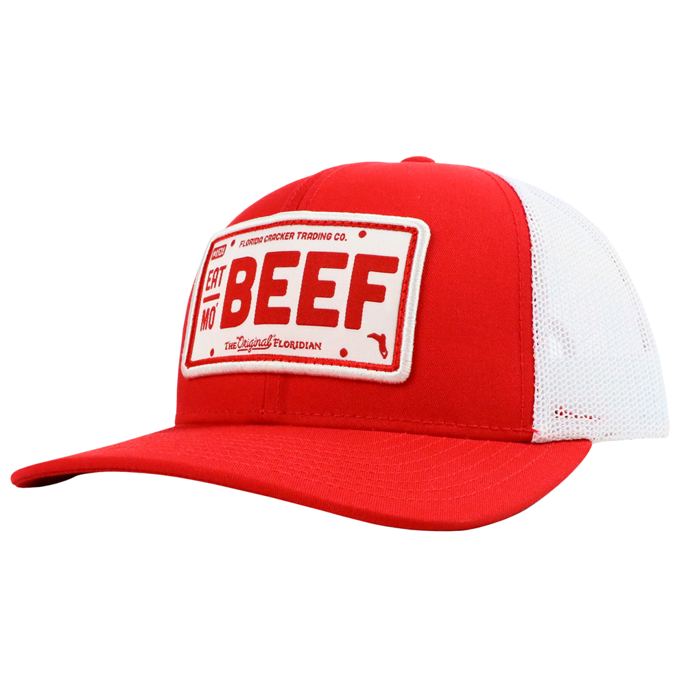 EAT MO' BEEF PATCH- RED/WHITE TRUCKER HAT