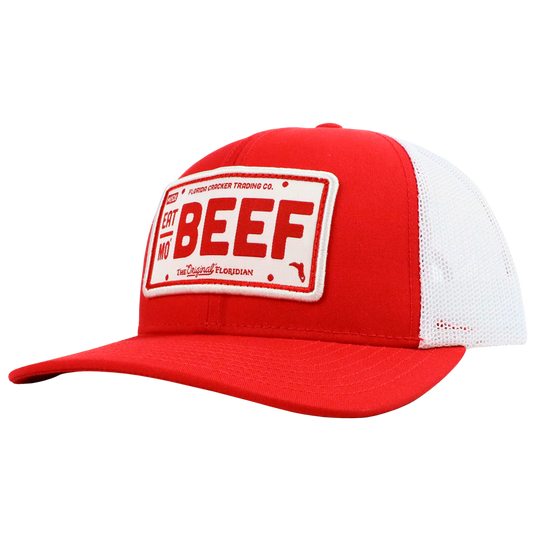 EAT MO' BEEF PATCH- RED/WHITE TRUCKER HAT