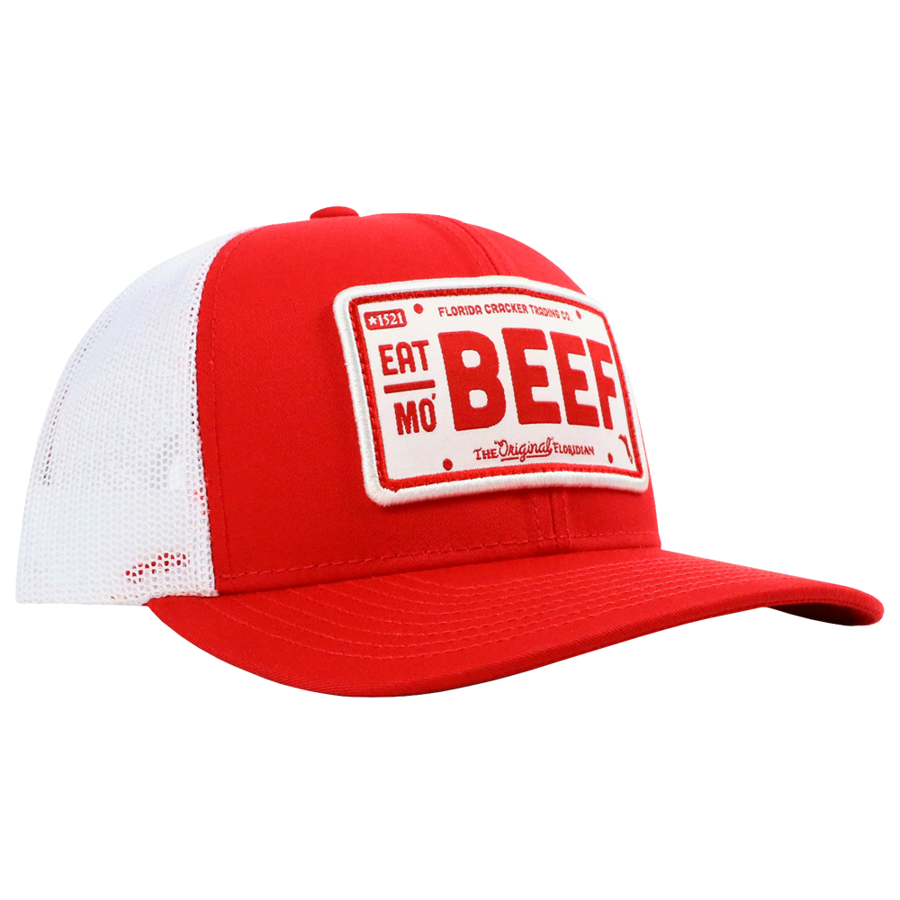 EAT MO' BEEF PATCH- RED/WHITE TRUCKER HAT