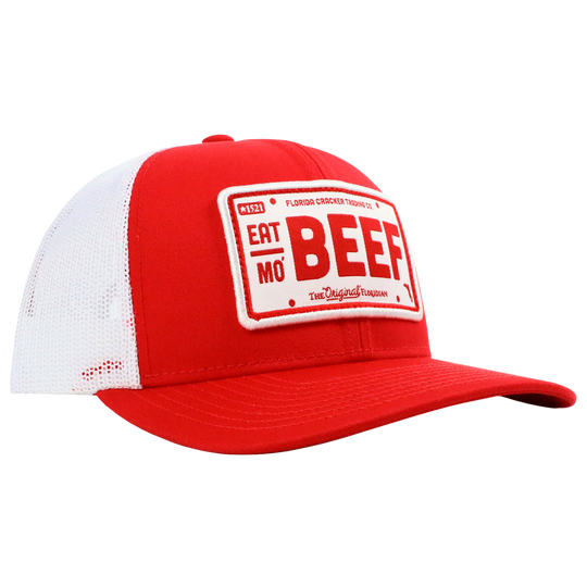 EAT MO' BEEF PATCH- RED/WHITE TRUCKER HAT