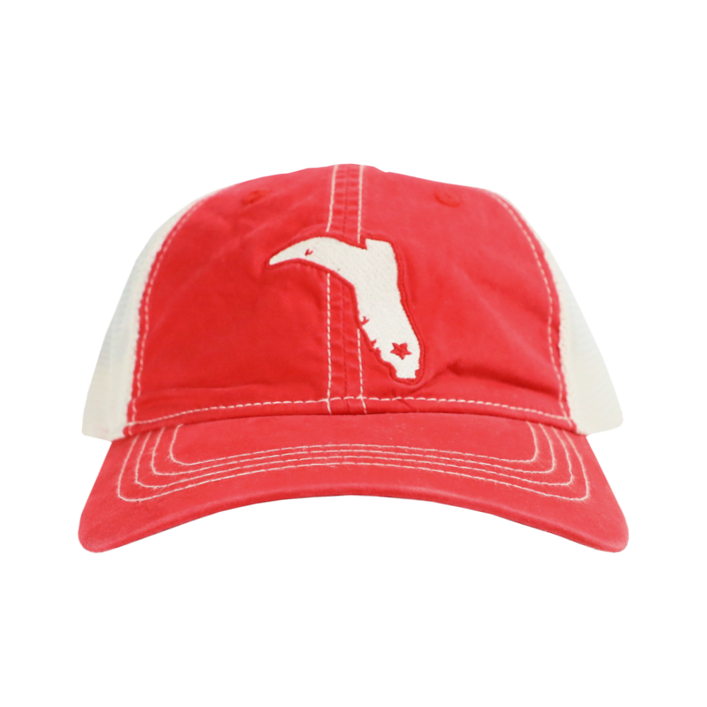 LADIES' PONYTAIL RED AND IVORY VINTAGE TRUCKER SNAPBACK HAT