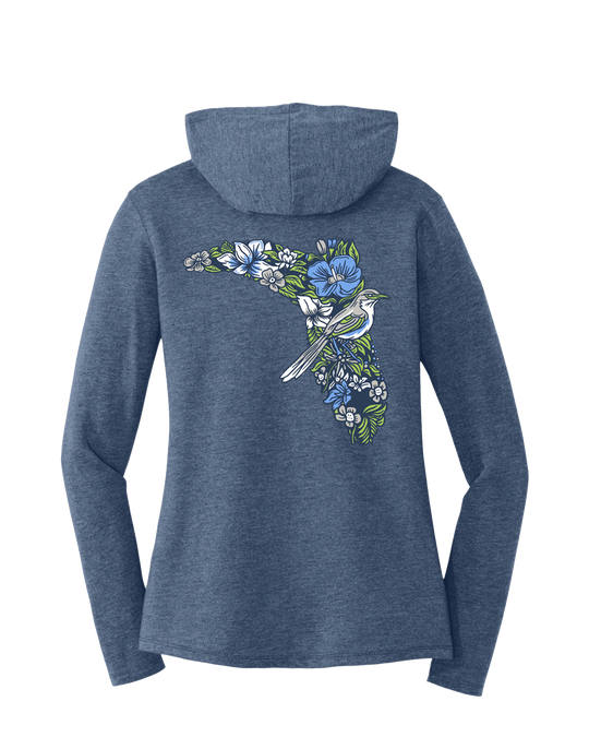 LADIES V-NECK HOODIE - FLORAL - NAVY FROST