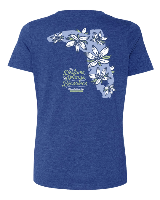 LADIES ORANGE BLOSSOMS V-NECK - ROYAL